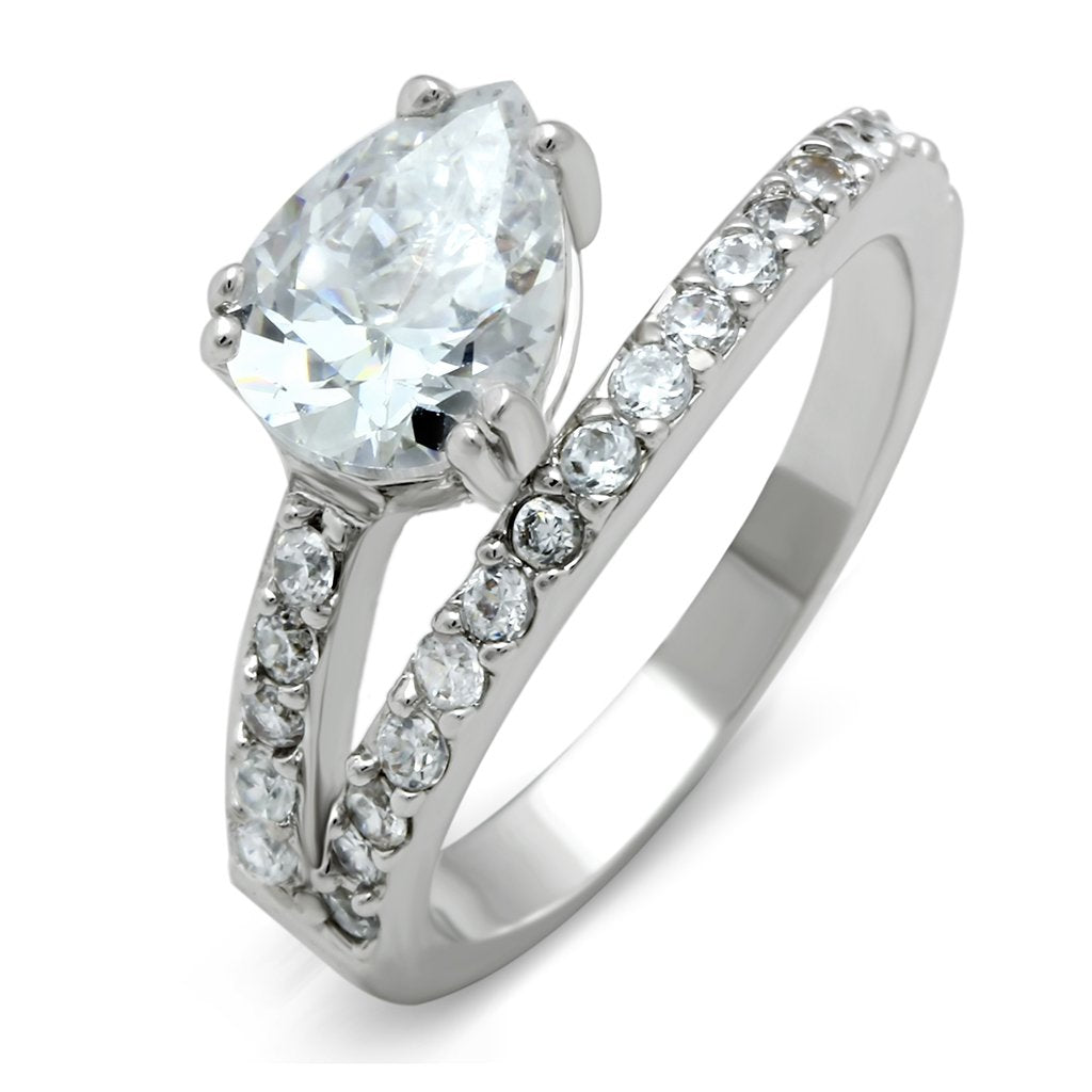 3W136 Rhodium Brass Ring featuring a clear AAA Grade CZ stone, showcasing its elegant design and shiny finish.