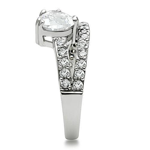 3W136 Rhodium Brass Ring featuring a clear AAA Grade CZ stone, showcasing its elegant design and shiny finish.