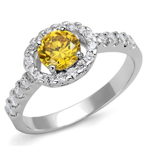 3W1362 Rhodium Brass Ring featuring AAA Grade CZ in Topaz color, showcasing its elegant design and sparkling center stone.