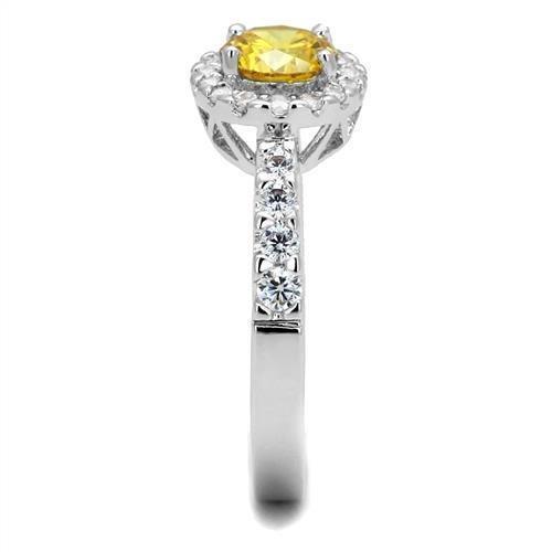 3W1362 Rhodium Brass Ring featuring AAA Grade CZ in Topaz color, showcasing its elegant design and sparkling center stone.