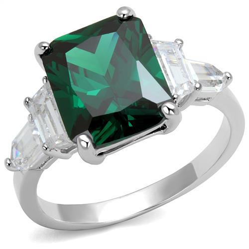 3W1363 Rhodium Brass Ring featuring a vibrant synthetic spinel in emerald color, showcasing its elegant design and craftsmanship.