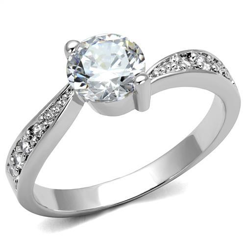 3W1337 Rhodium Brass Ring featuring a clear AAA Grade CZ stone, showcasing its elegant design and luxurious finish.