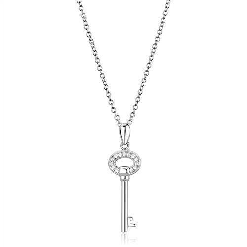 3W1379 Rhodium 925 Sterling Silver Chain Pendant featuring a clear AAA Grade CZ stone, showcasing its elegant design and high-quality finish.