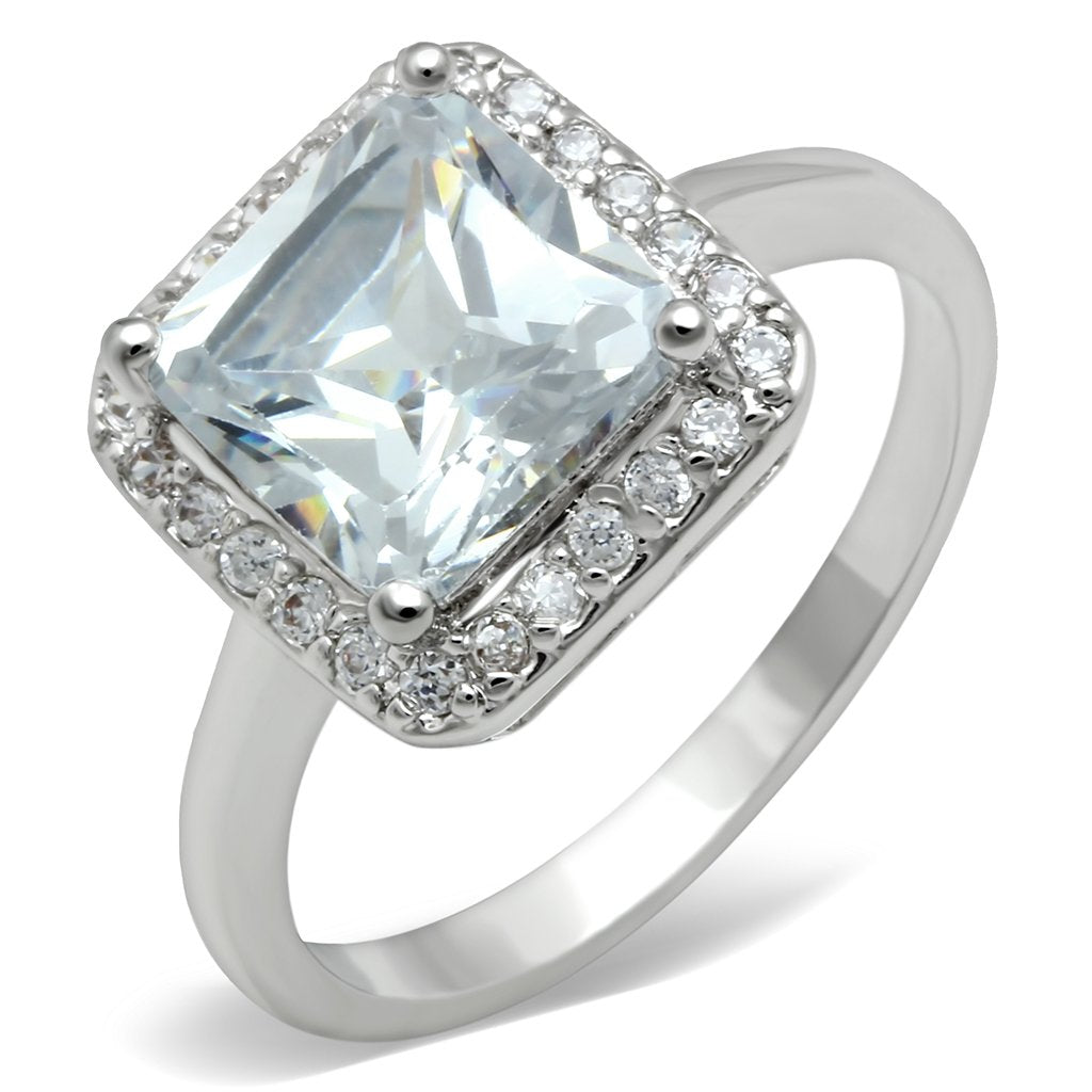 3W144 Rhodium Brass Ring featuring a clear AAA Grade CZ stone, showcasing its elegant design and shiny finish.