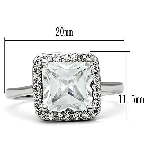 3W144 Rhodium Brass Ring featuring a clear AAA Grade CZ stone, showcasing its elegant design and shiny finish.