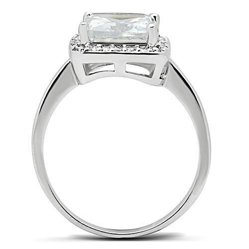 3W144 Rhodium Brass Ring featuring a clear AAA Grade CZ stone, showcasing its elegant design and shiny finish.