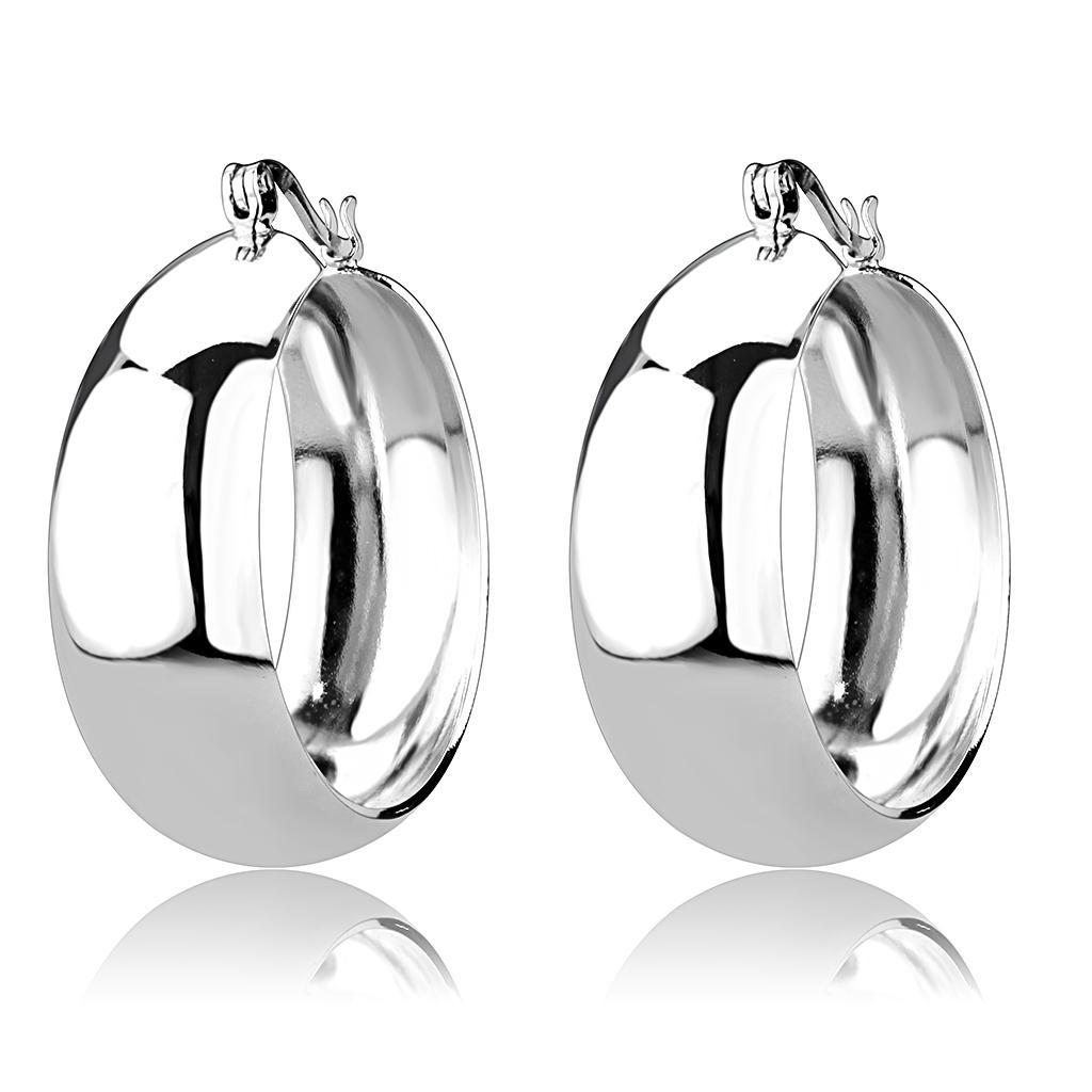 Elegant 3W1400 Rhodium Brass Earrings with a minimalist design, showcasing a shiny finish and no stone.