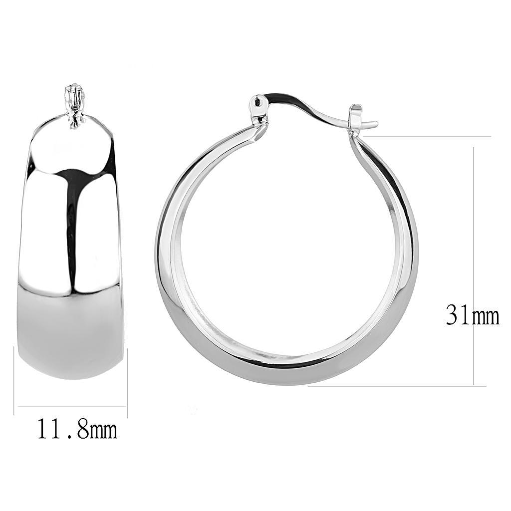 Elegant 3W1400 Rhodium Brass Earrings with a minimalist design, showcasing a shiny finish and no stone.