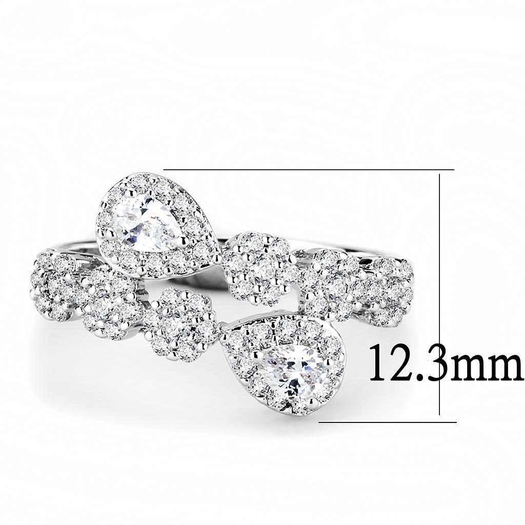 3W1441 Rhodium Brass Ring featuring a clear AAA Grade CZ stone, showcasing its elegant design and shiny finish.