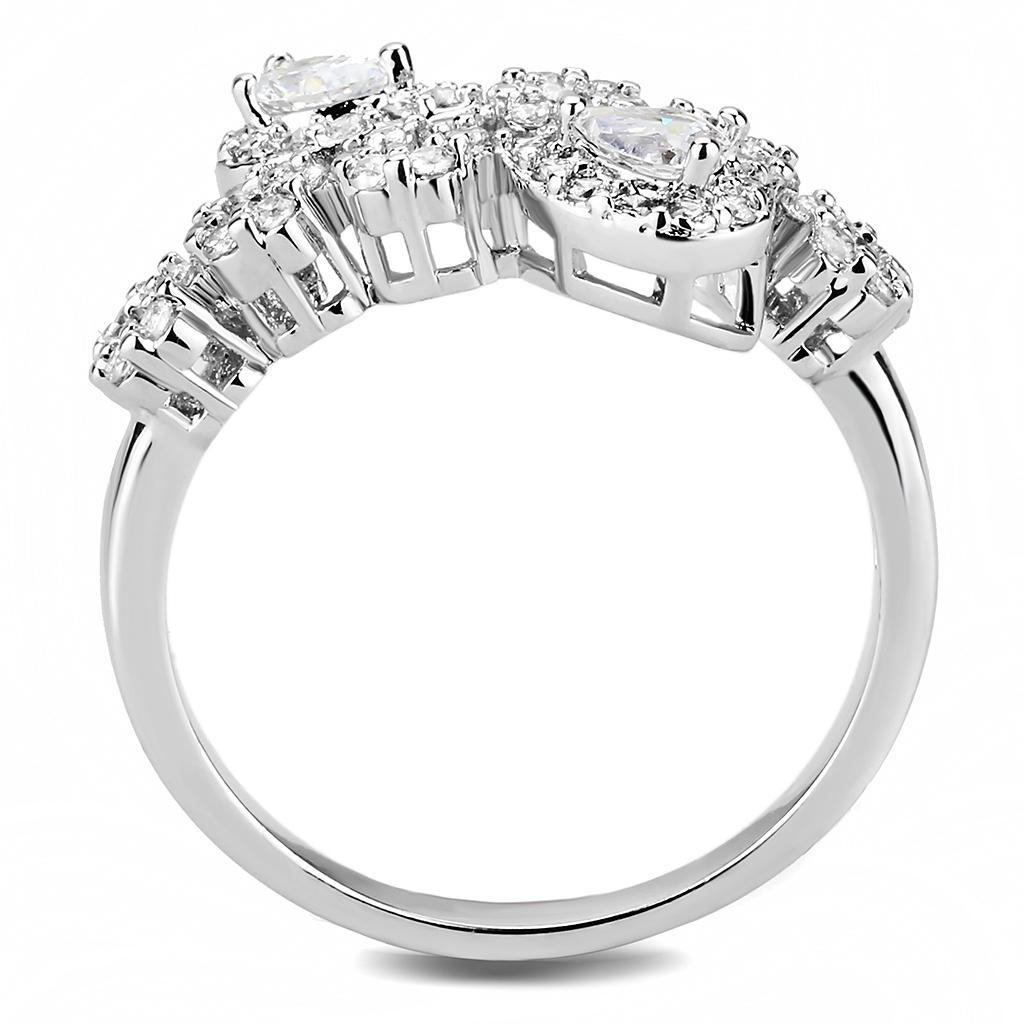 3W1441 Rhodium Brass Ring featuring a clear AAA Grade CZ stone, showcasing its elegant design and shiny finish.