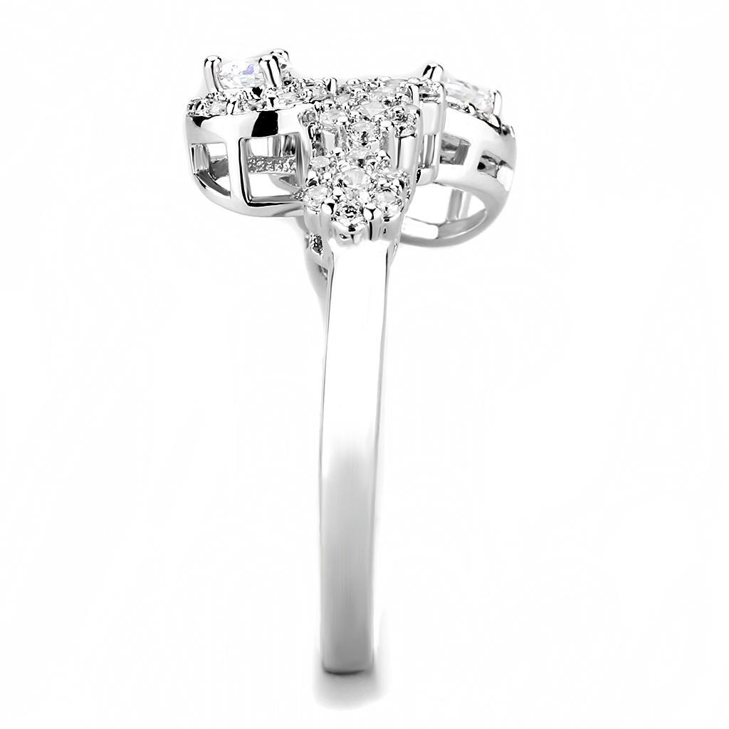 3W1441 Rhodium Brass Ring featuring a clear AAA Grade CZ stone, showcasing its elegant design and shiny finish.