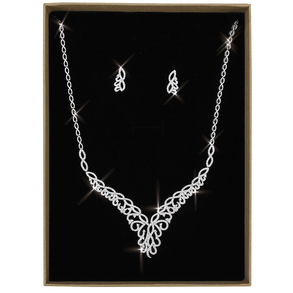 3W1414 Rhodium Brass Jewelry Set featuring AAA Grade CZ in Clear, showcasing its elegant design and sparkling center stone.