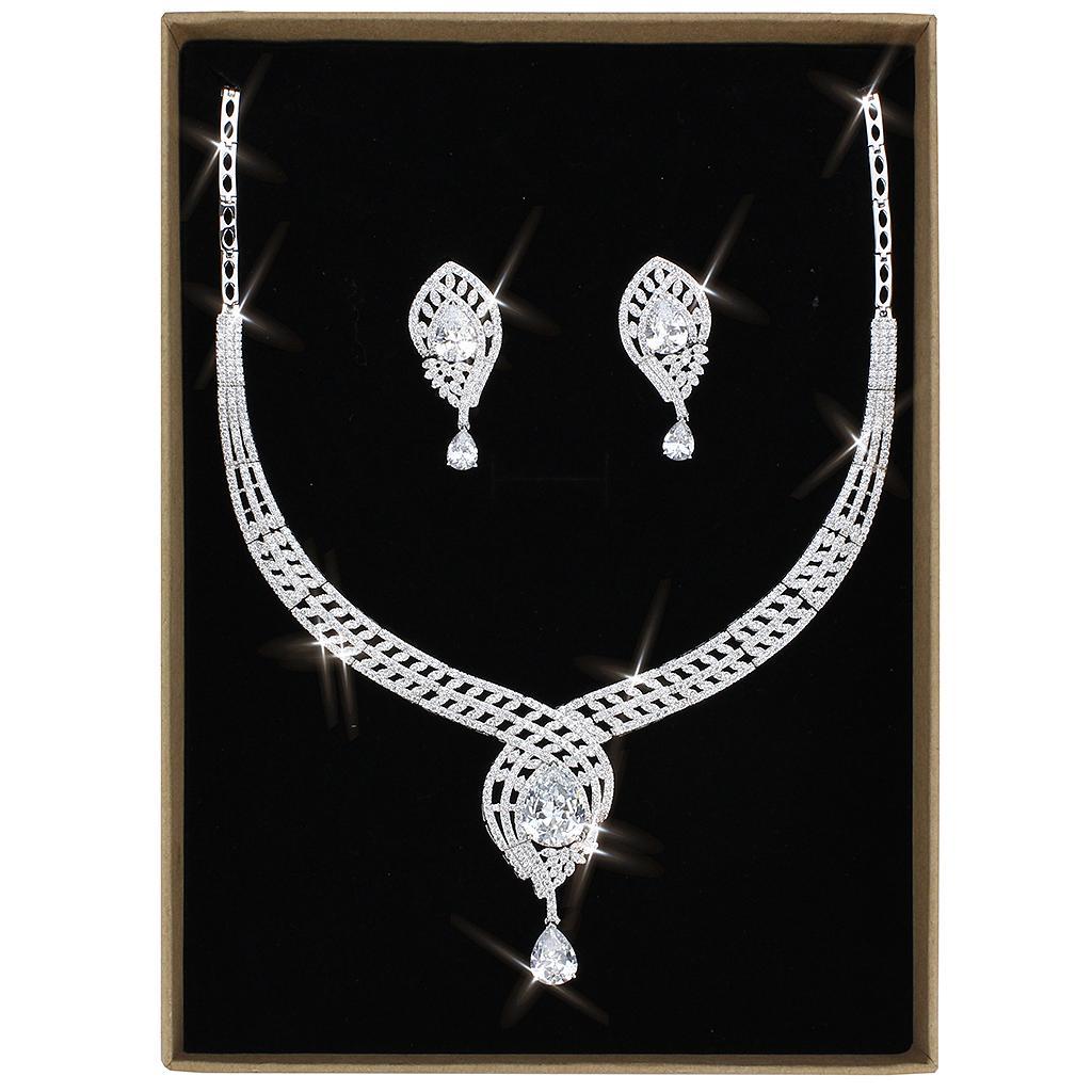 Elegant 3W1415 Rhodium Brass Jewelry Set featuring AAA Grade CZ stones in clear, showcasing its stunning design and craftsmanship.