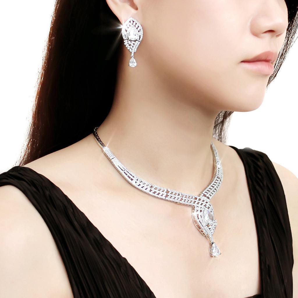 Elegant 3W1415 Rhodium Brass Jewelry Set featuring AAA Grade CZ stones in clear, showcasing its stunning design and craftsmanship.