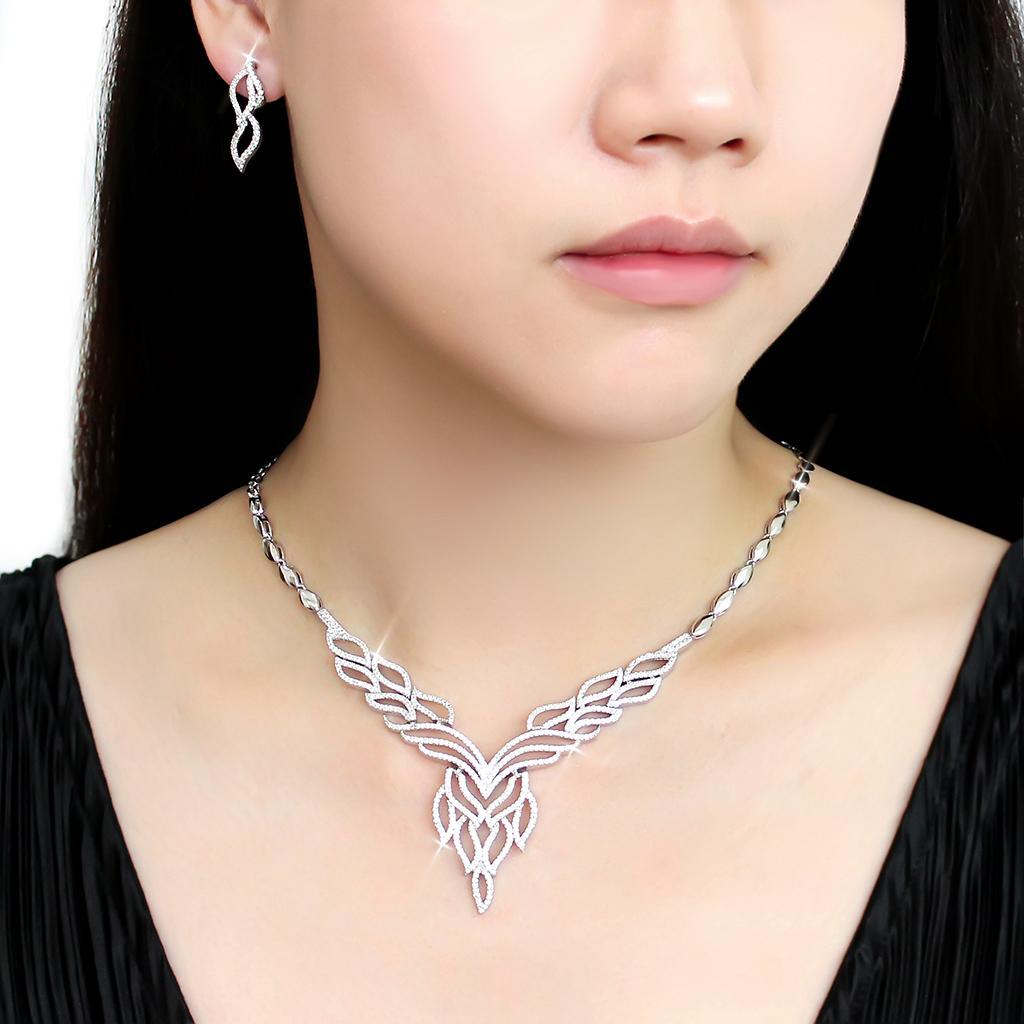 3W1418 Rhodium Brass Jewelry Set featuring AAA Grade CZ stones in clear, showcasing elegant design and high-quality materials.