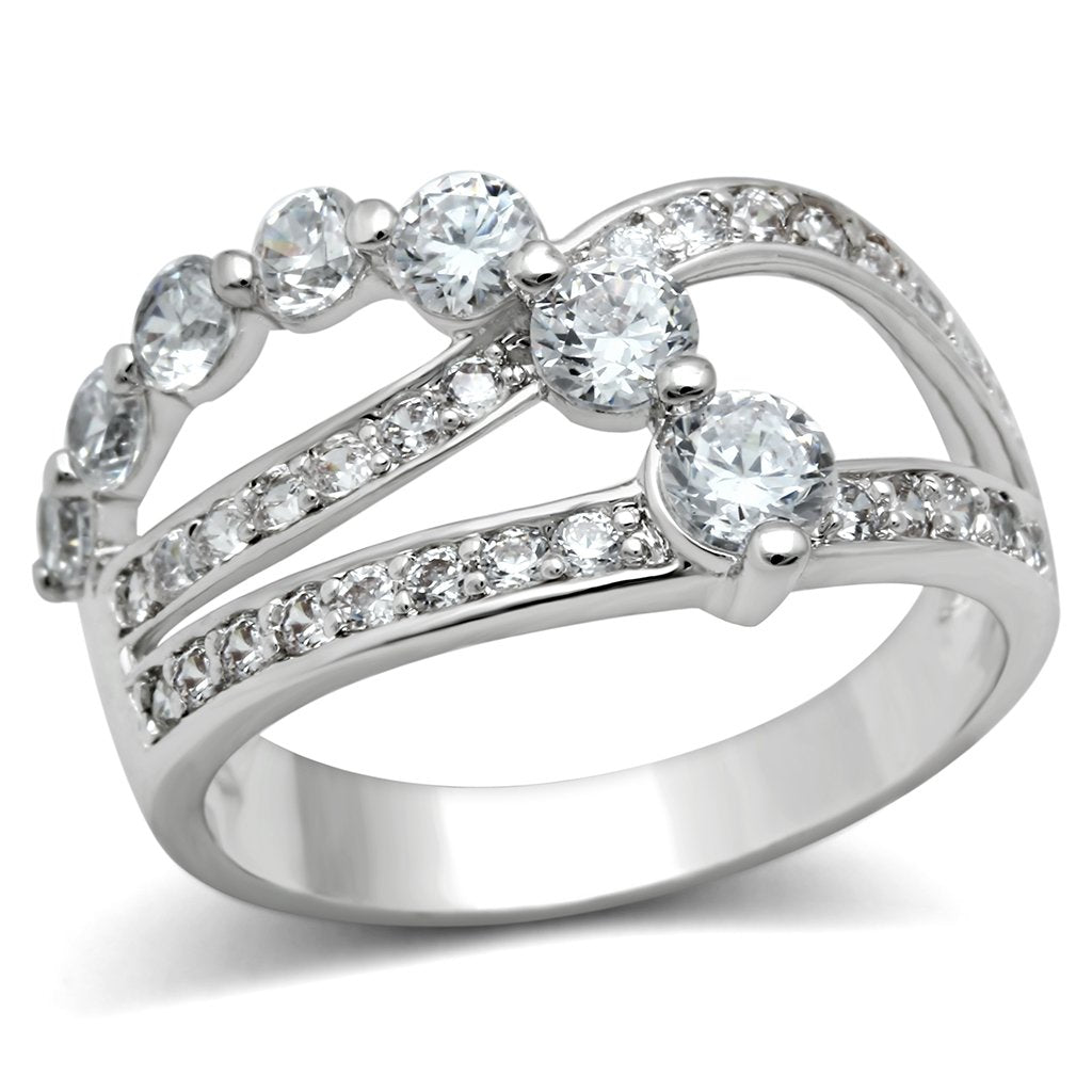 3W142 Rhodium Brass Ring featuring a clear AAA Grade CZ stone, showcasing its elegant design and shiny finish.