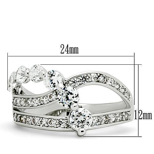 3W142 Rhodium Brass Ring featuring a clear AAA Grade CZ stone, showcasing its elegant design and shiny finish.