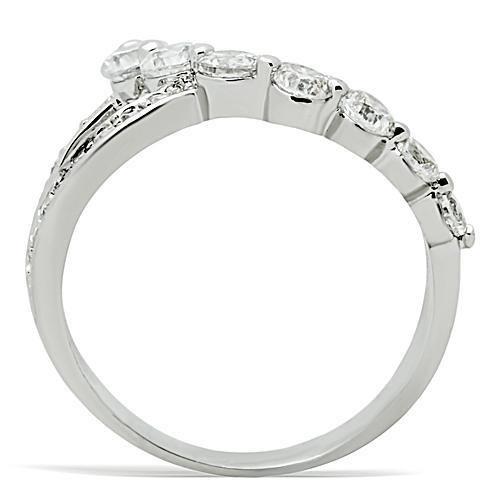 3W142 Rhodium Brass Ring featuring a clear AAA Grade CZ stone, showcasing its elegant design and shiny finish.