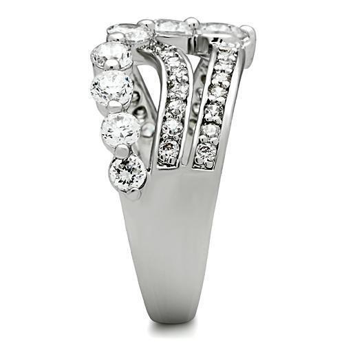 3W142 Rhodium Brass Ring featuring a clear AAA Grade CZ stone, showcasing its elegant design and shiny finish.