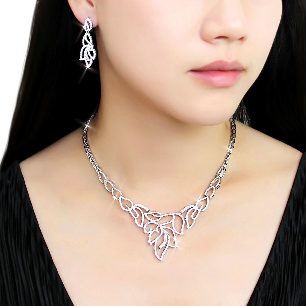 3W1420 Rhodium Brass Jewelry Set featuring AAA Grade CZ stones in clear, showcasing elegant design and luxurious finish.