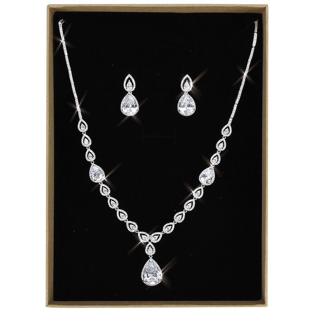 Elegant 3W1427 Rhodium Brass Jewelry Set featuring AAA Grade CZ stones in clear, showcasing its intricate design and sparkling finish.