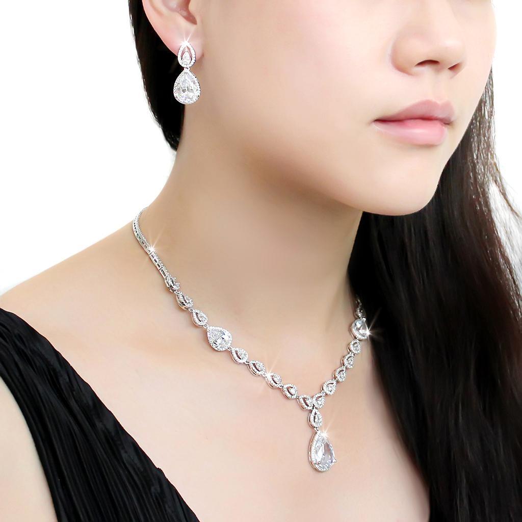 Elegant 3W1427 Rhodium Brass Jewelry Set featuring AAA Grade CZ stones in clear, showcasing its intricate design and sparkling finish.