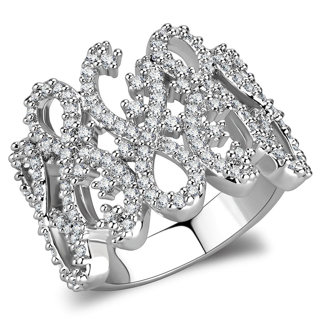 3W1443 Rhodium Brass Ring featuring a clear AAA Grade CZ stone, showcasing its elegant design and shiny finish.