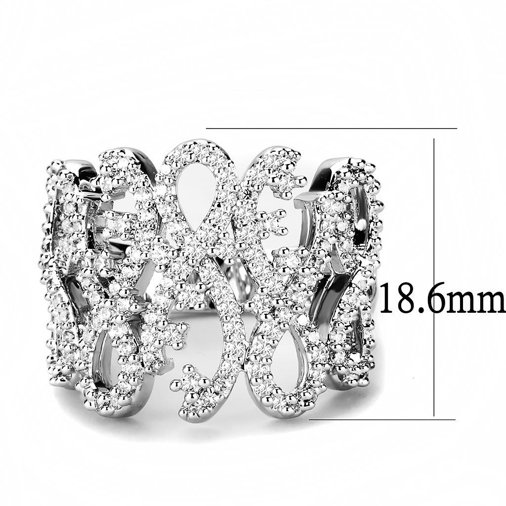 3W1443 Rhodium Brass Ring featuring a clear AAA Grade CZ stone, showcasing its elegant design and shiny finish.