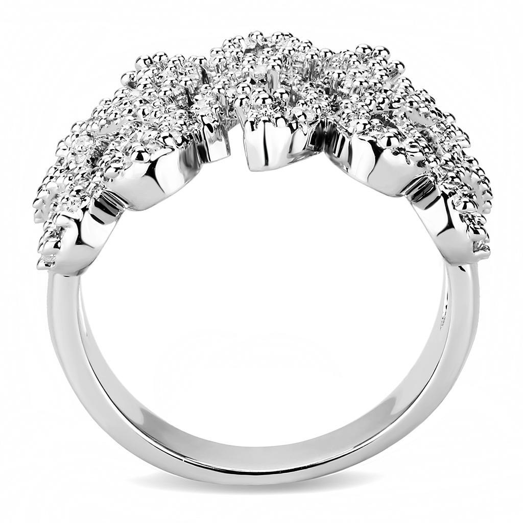 3W1443 Rhodium Brass Ring featuring a clear AAA Grade CZ stone, showcasing its elegant design and shiny finish.