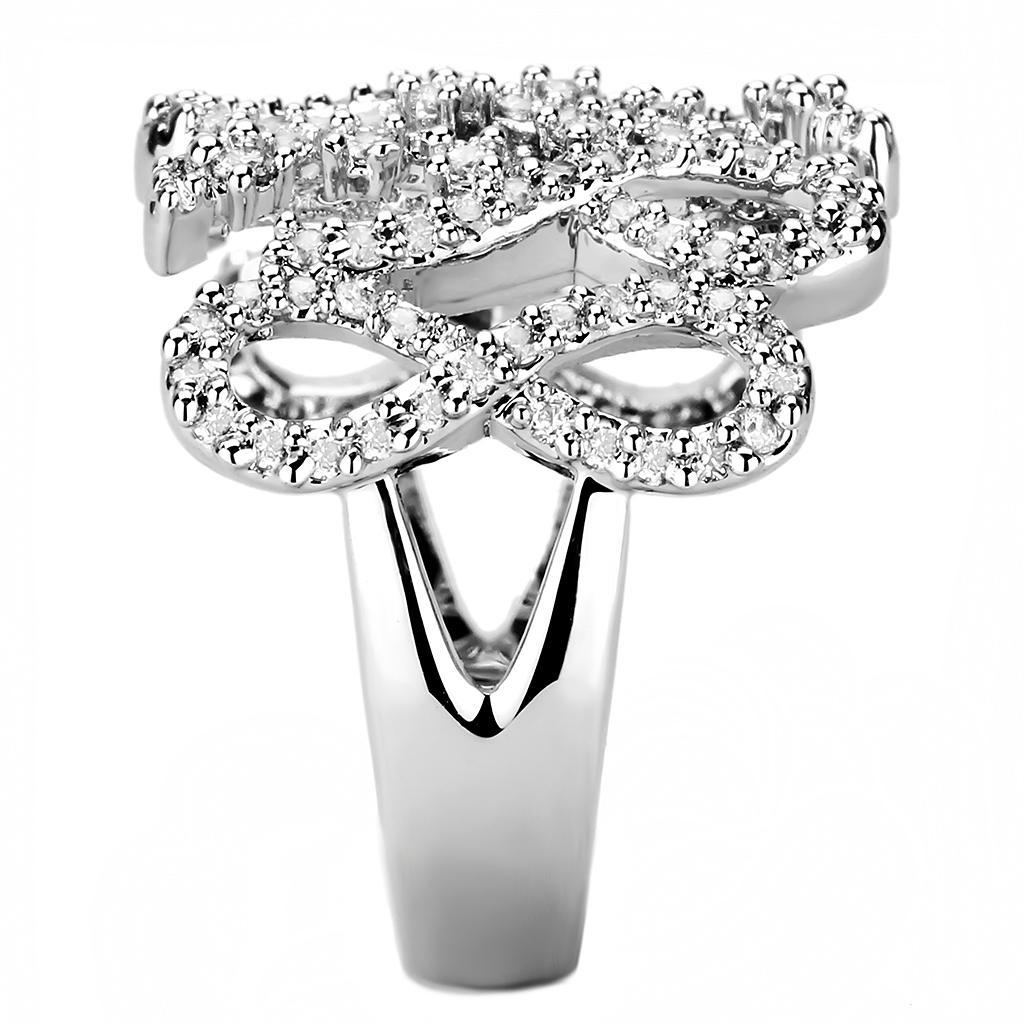 3W1443 Rhodium Brass Ring featuring a clear AAA Grade CZ stone, showcasing its elegant design and shiny finish.