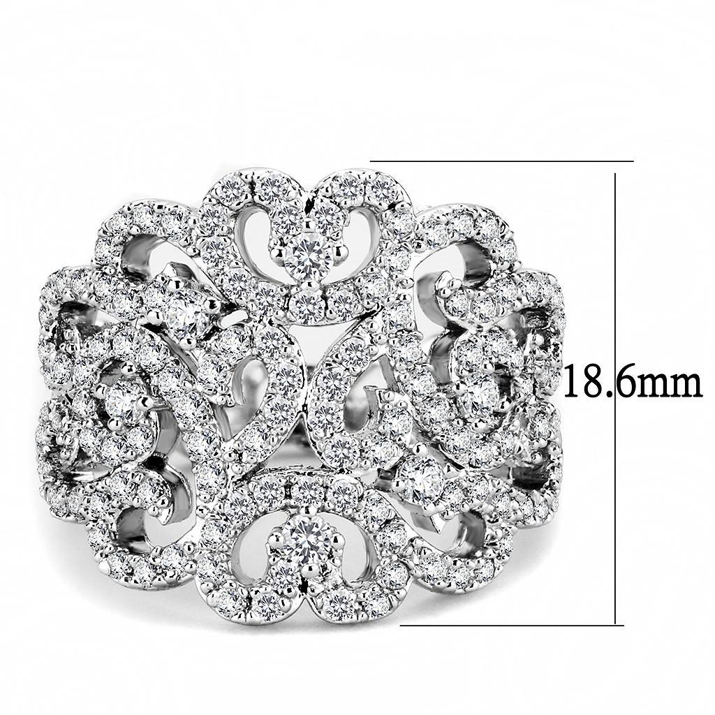 3W1439 Rhodium Brass Ring featuring a clear AAA Grade CZ stone, showcasing its elegant design and luxurious finish.