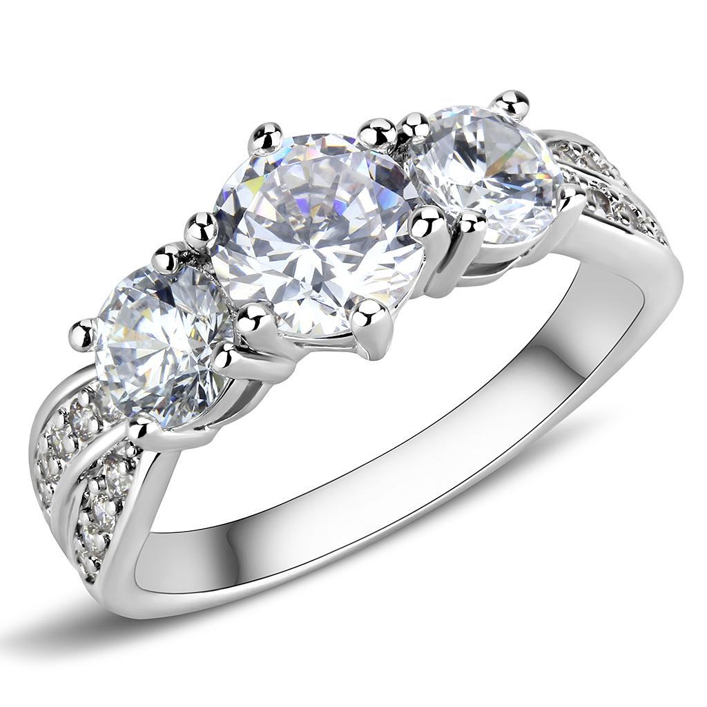 3W1456 Rhodium Brass Ring featuring a clear AAA Grade CZ stone, showcasing its elegant design and shiny finish.