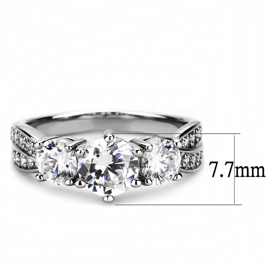 3W1456 Rhodium Brass Ring featuring a clear AAA Grade CZ stone, showcasing its elegant design and shiny finish.