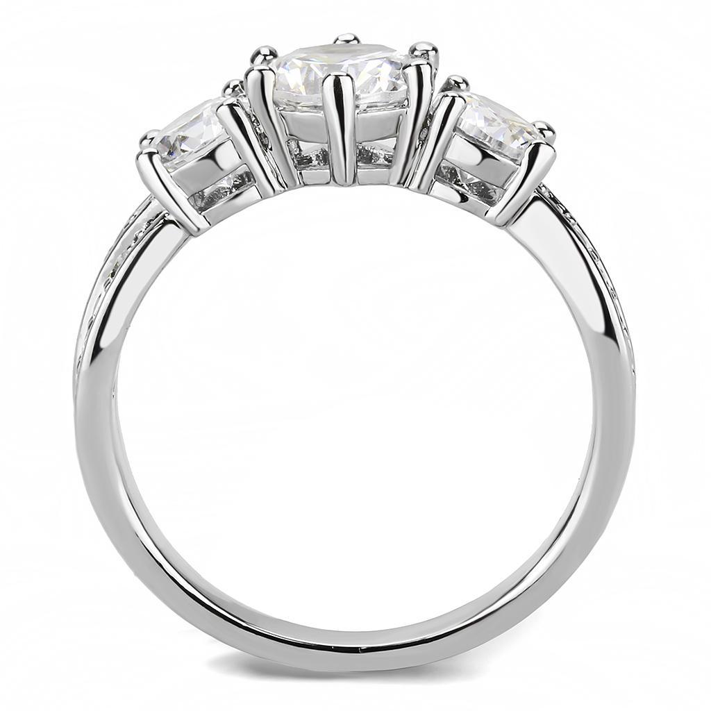 3W1456 Rhodium Brass Ring featuring a clear AAA Grade CZ stone, showcasing its elegant design and shiny finish.