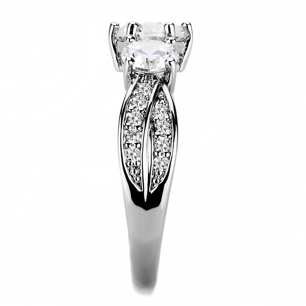 3W1456 Rhodium Brass Ring featuring a clear AAA Grade CZ stone, showcasing its elegant design and shiny finish.