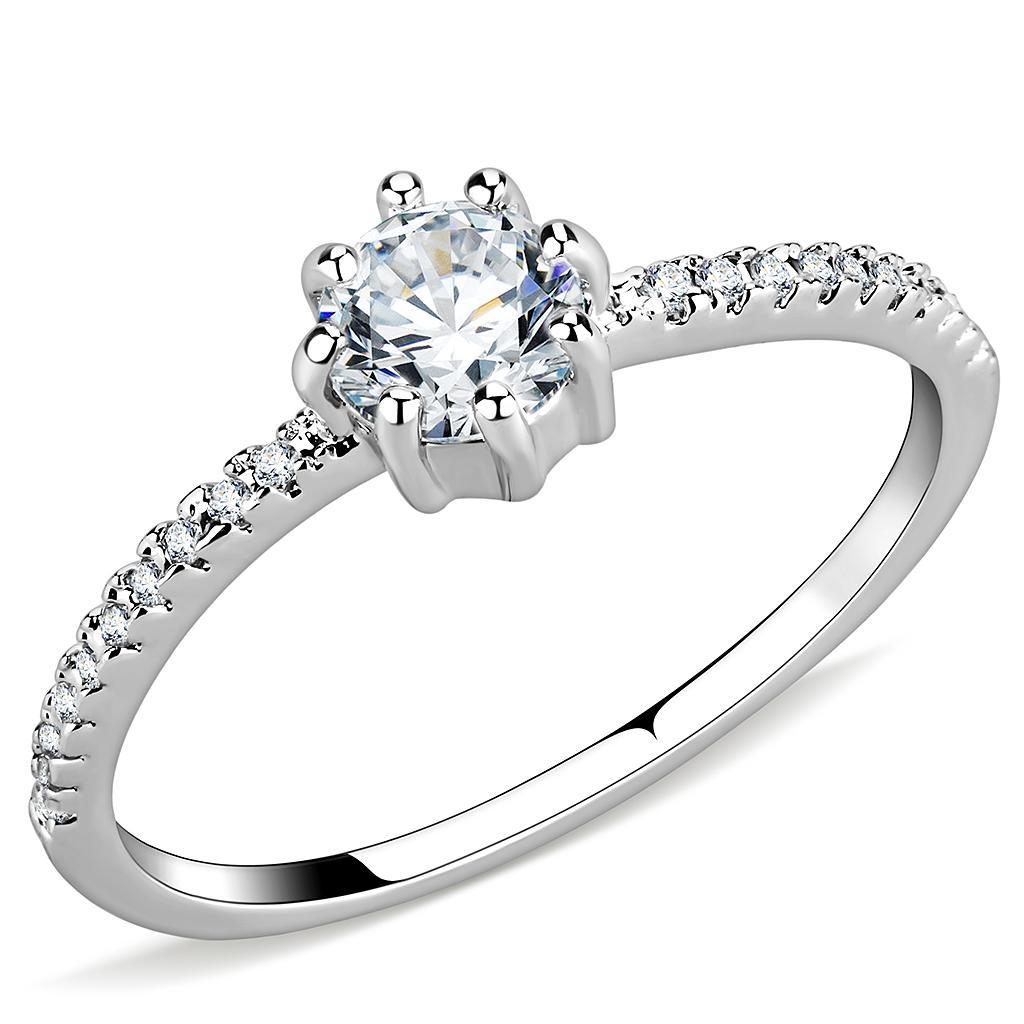 3W1460 Rhodium Brass Ring featuring a clear AAA Grade CZ stone, showcasing its elegant design and shiny finish.