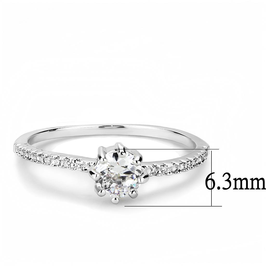 3W1460 Rhodium Brass Ring featuring a clear AAA Grade CZ stone, showcasing its elegant design and shiny finish.