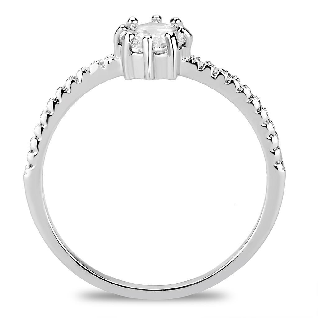 3W1460 Rhodium Brass Ring featuring a clear AAA Grade CZ stone, showcasing its elegant design and shiny finish.