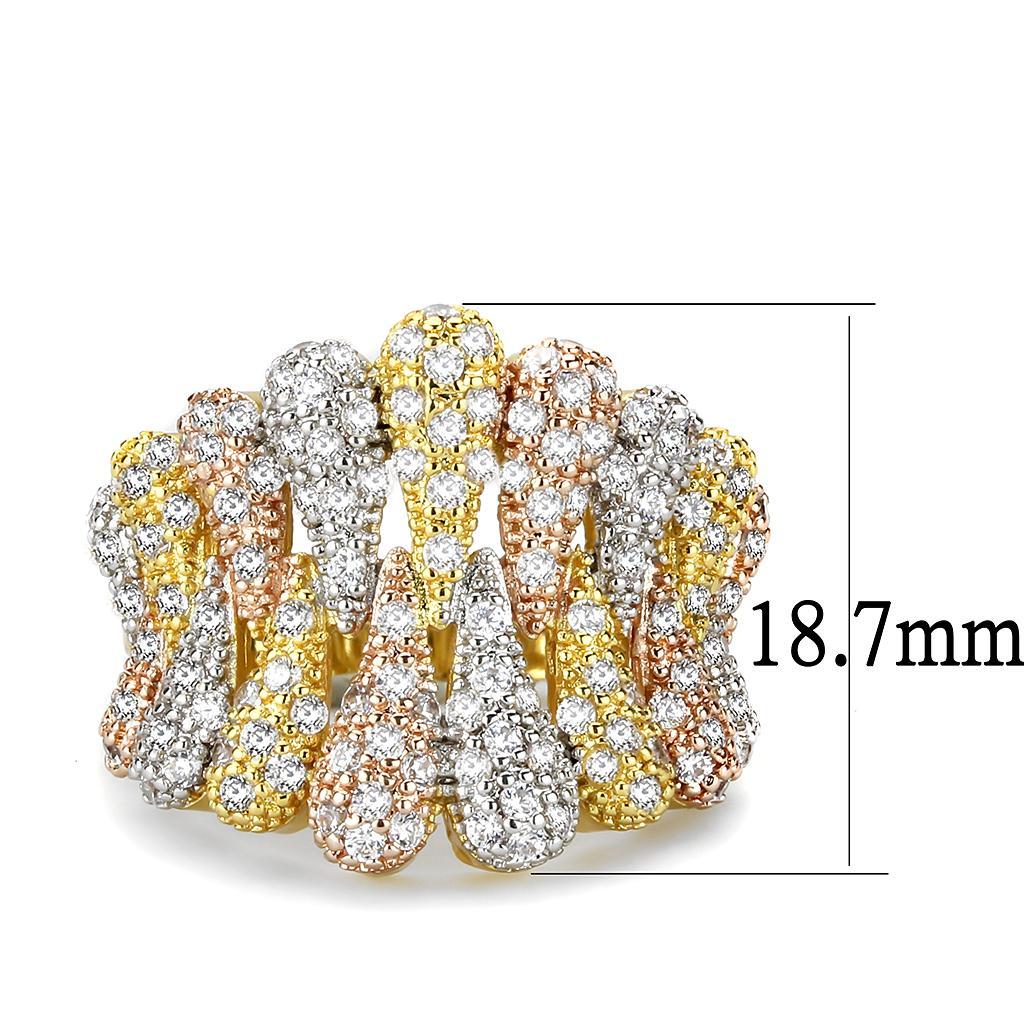 3W1462 Tricolor Brass Ring featuring a clear AAA Grade CZ stone, showcasing its elegant design and craftsmanship.