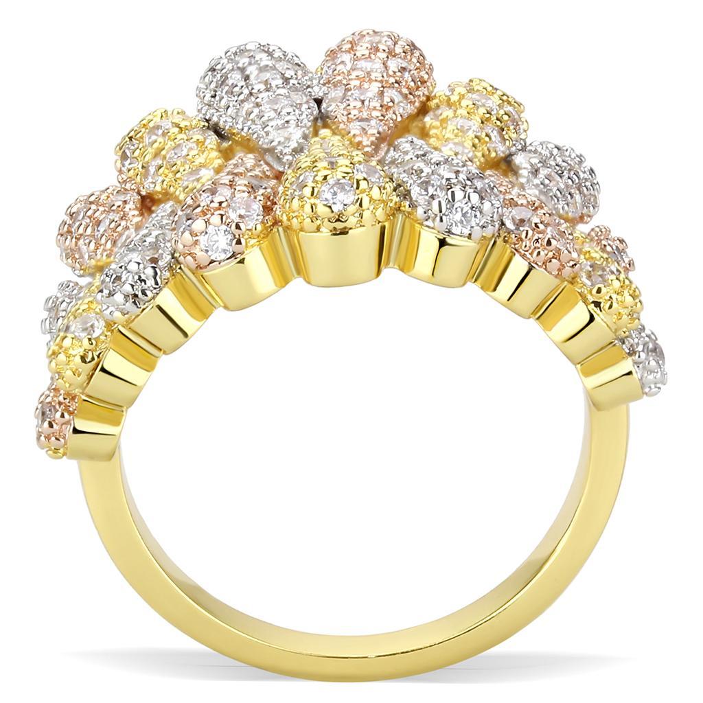 3W1462 Tricolor Brass Ring featuring a clear AAA Grade CZ stone, showcasing its elegant design and craftsmanship.