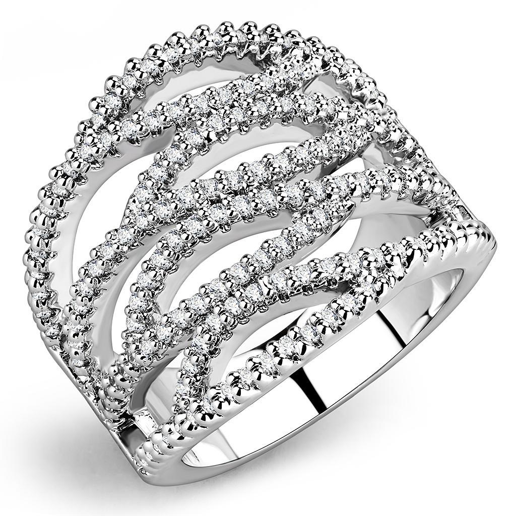 3W1465 Rhodium Brass Ring featuring a clear AAA Grade CZ stone, showcasing its elegant design and shiny finish.