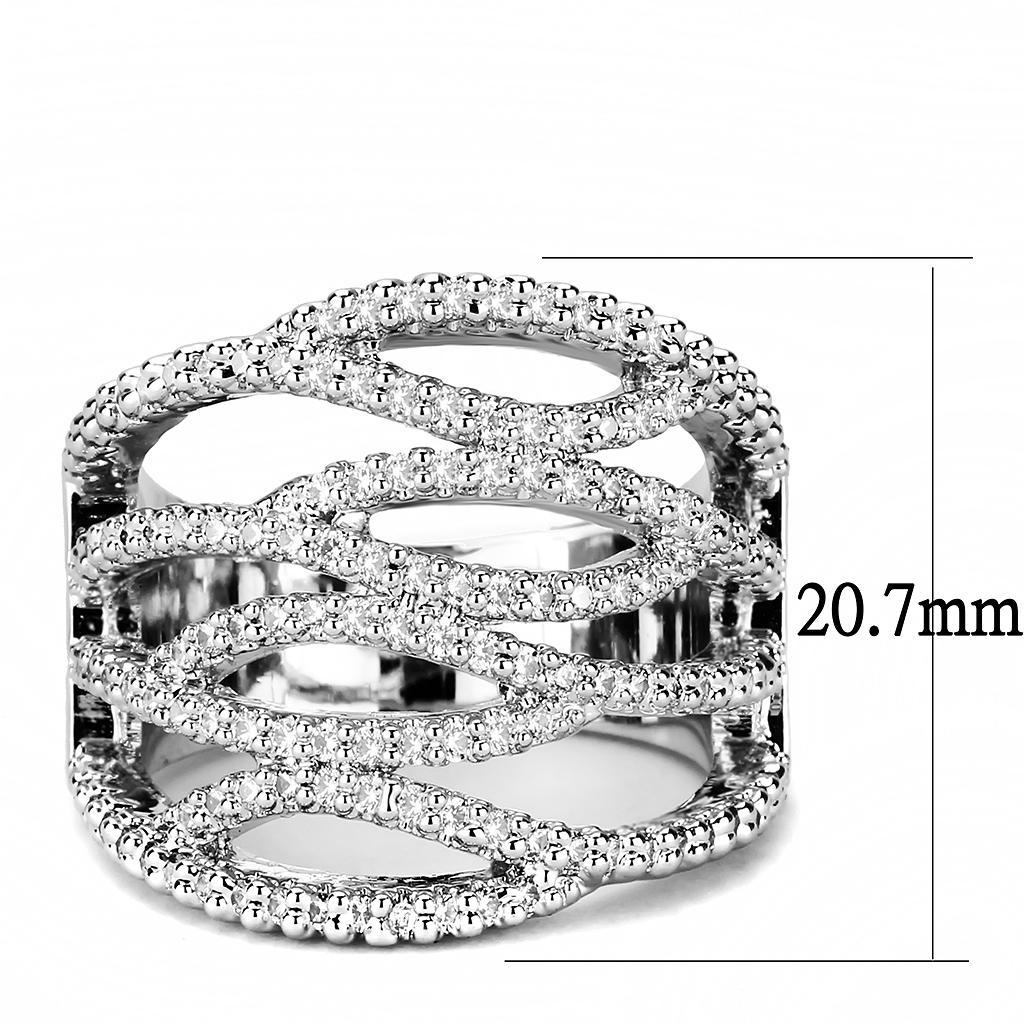 3W1465 Rhodium Brass Ring featuring a clear AAA Grade CZ stone, showcasing its elegant design and shiny finish.