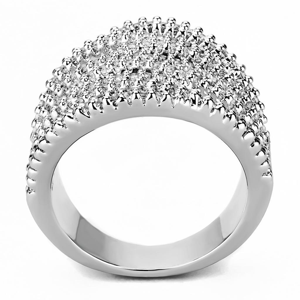 3W1465 Rhodium Brass Ring featuring a clear AAA Grade CZ stone, showcasing its elegant design and shiny finish.