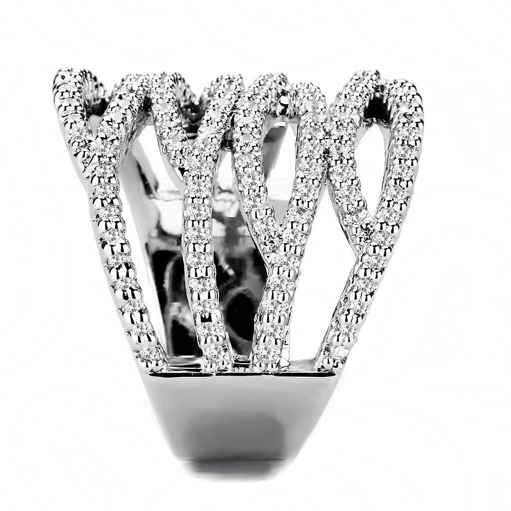 3W1465 Rhodium Brass Ring featuring a clear AAA Grade CZ stone, showcasing its elegant design and shiny finish.