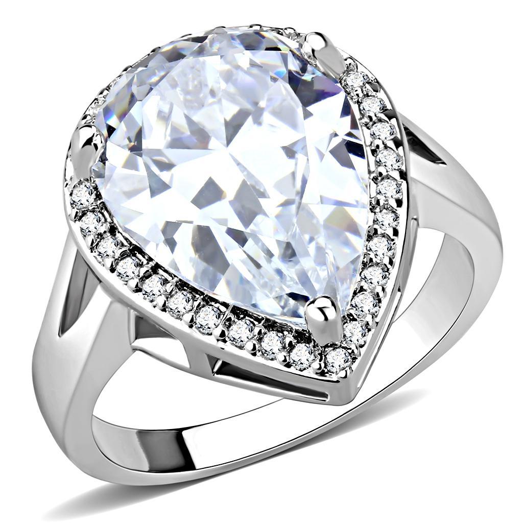 3W1469 Rhodium Brass Ring featuring a large clear AAA Grade CZ stone, showcasing its elegant design and luxurious finish.