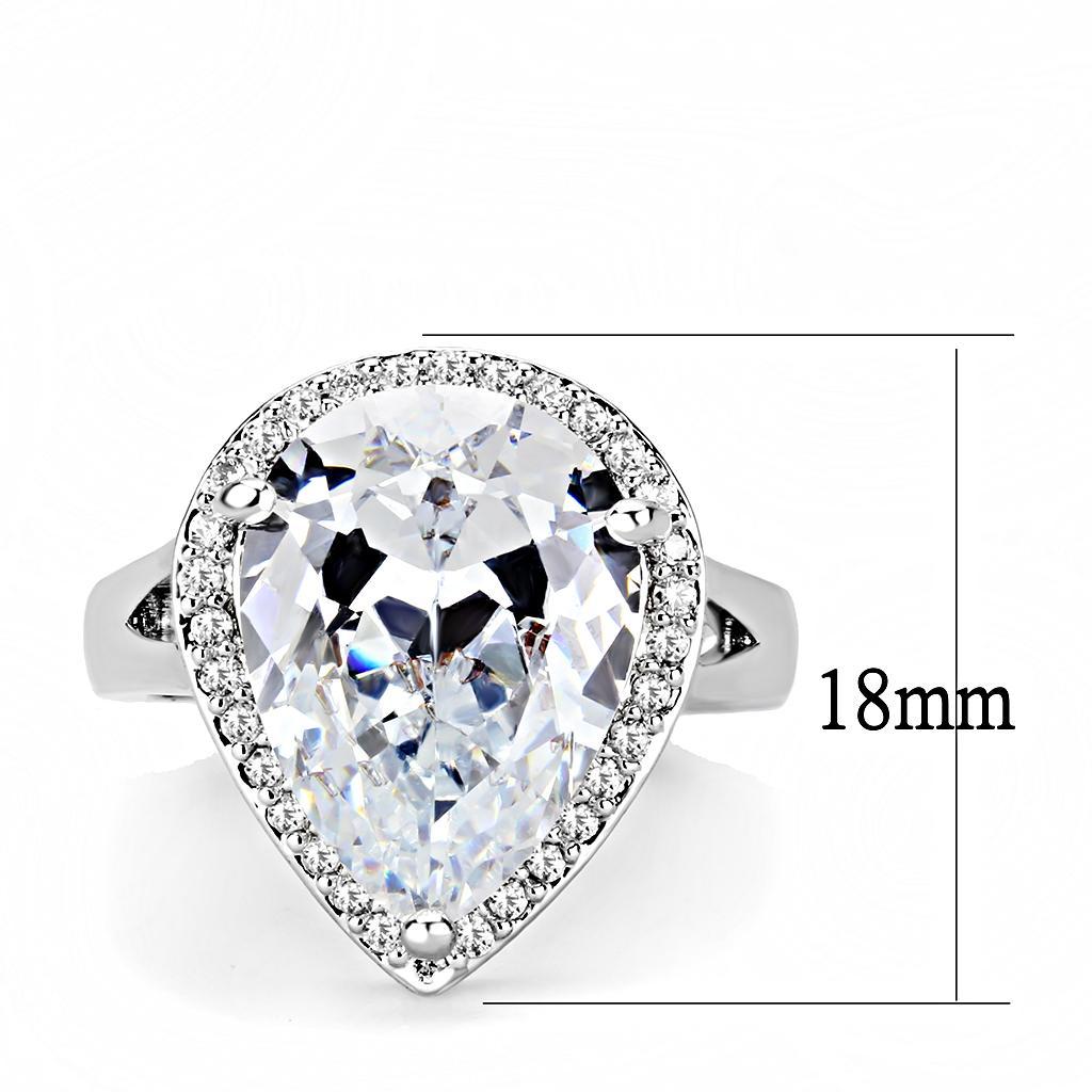 3W1469 Rhodium Brass Ring featuring a large clear AAA Grade CZ stone, showcasing its elegant design and luxurious finish.