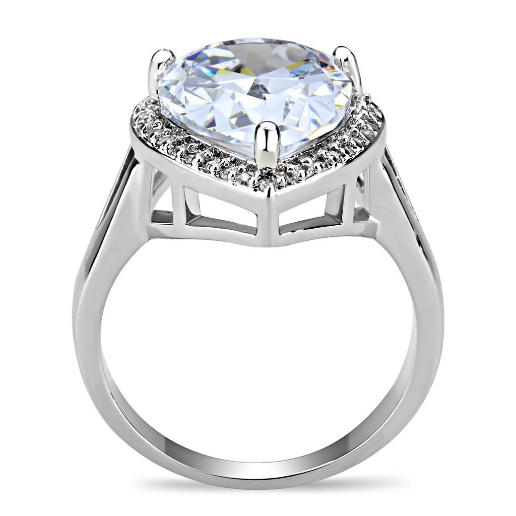 3W1469 Rhodium Brass Ring featuring a large clear AAA Grade CZ stone, showcasing its elegant design and luxurious finish.