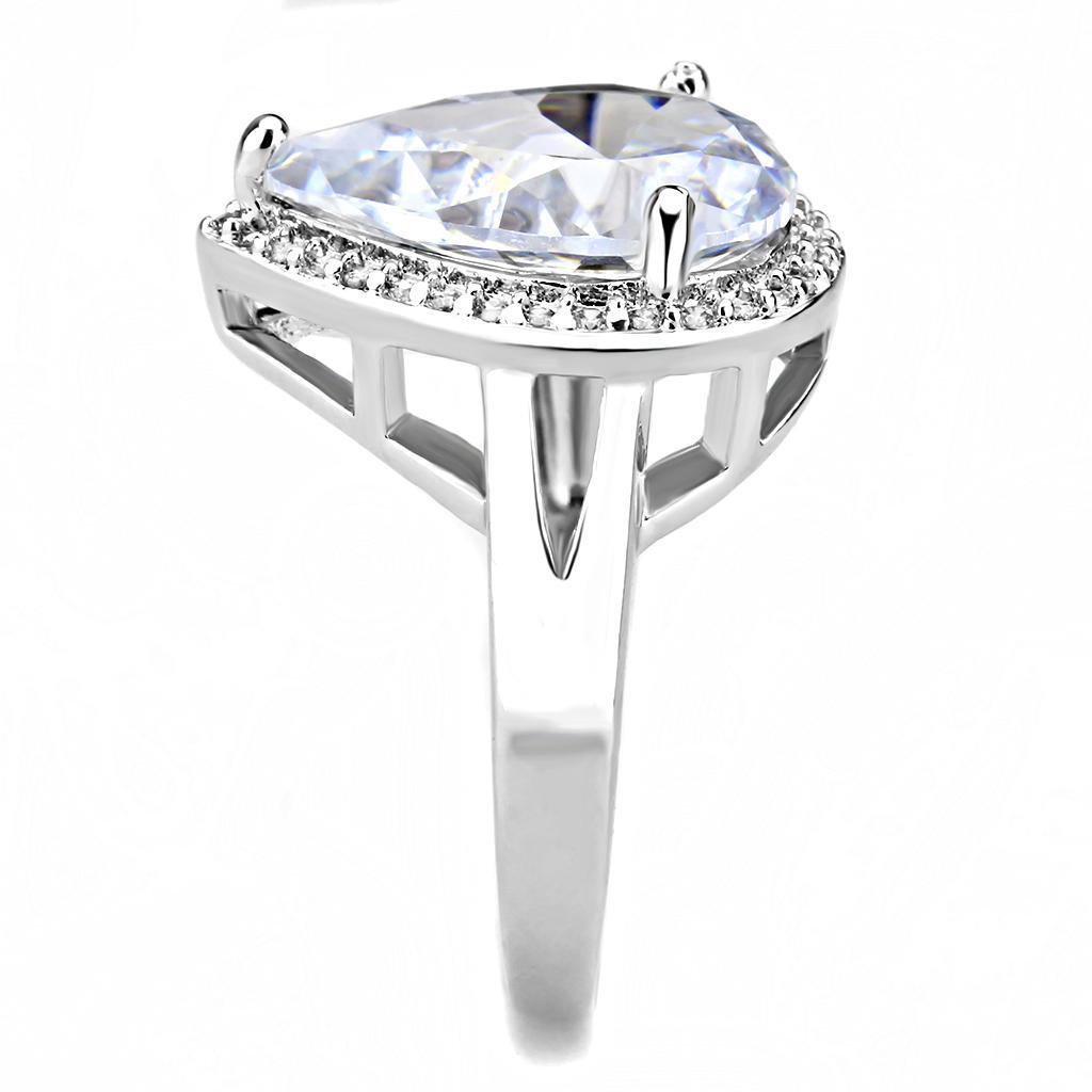 3W1469 Rhodium Brass Ring featuring a large clear AAA Grade CZ stone, showcasing its elegant design and luxurious finish.