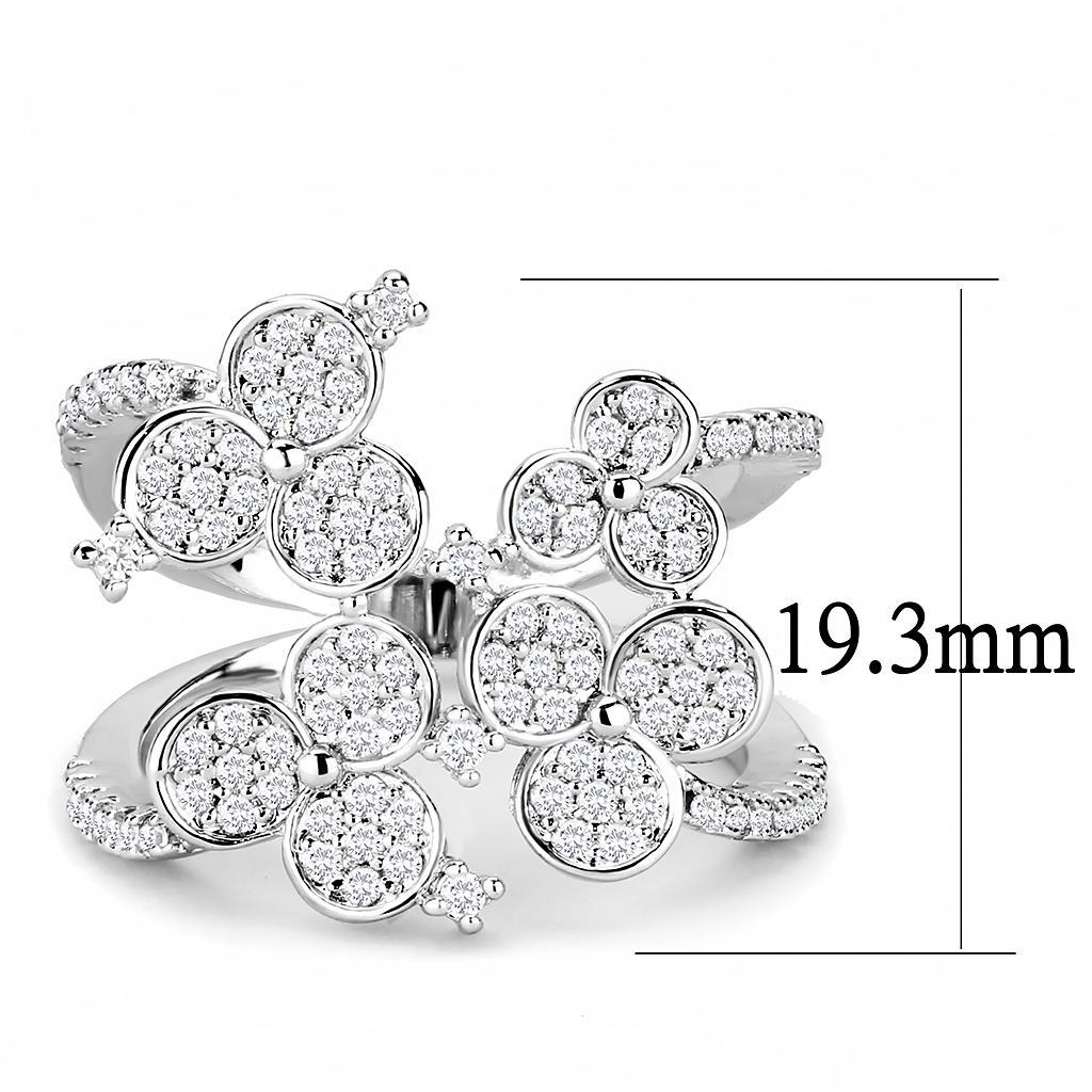 3W1447 Rhodium Brass Ring featuring a clear AAA Grade CZ center stone, showcasing its elegant design and shiny finish.