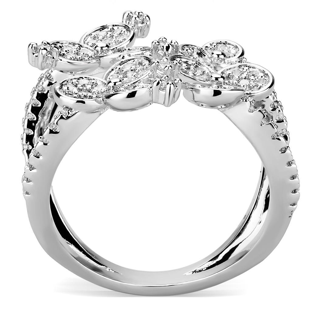 3W1447 Rhodium Brass Ring featuring a clear AAA Grade CZ center stone, showcasing its elegant design and shiny finish.